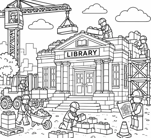 Brick Library Construction Site coloring page: black and white line drawing to print and color