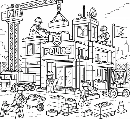 Brick Police Station Construction Site coloring page: black and white line drawing to print and color