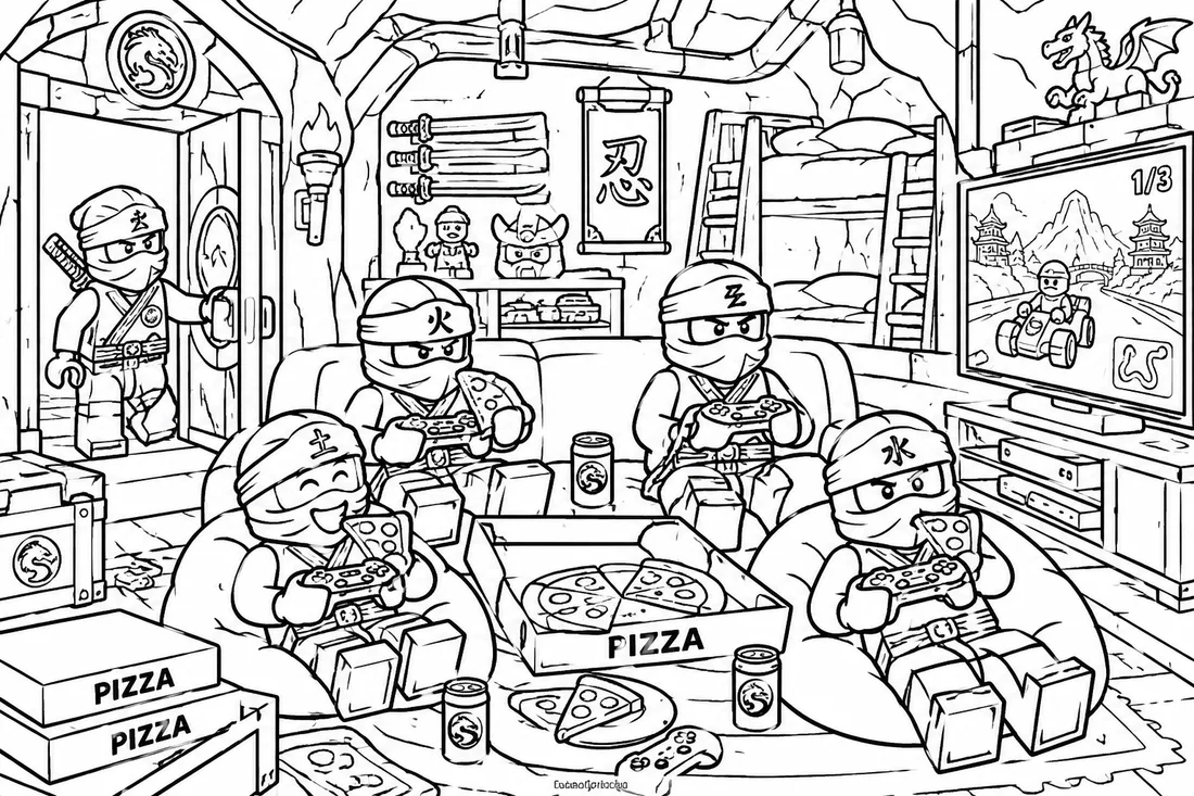 LEGO Ninja Lair Pizza Gaming Hangout coloring page: black and white line drawing to print and color