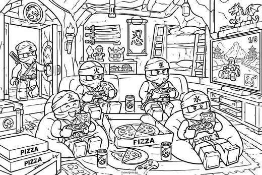 LEGO Ninja Lair Pizza Gaming Hangout coloring page: black and white line drawing to print and color