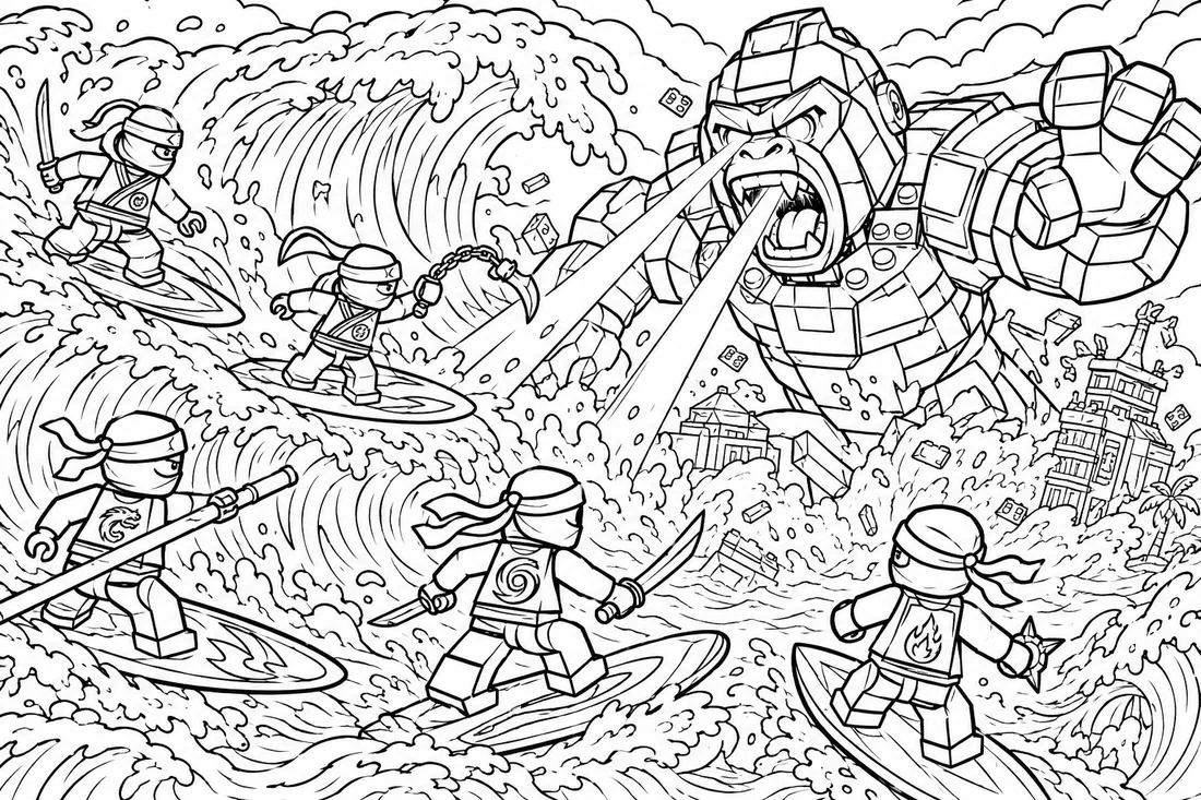 LEGO Ninja Mech Gorilla Ocean Battle coloring page: black and white line drawing to print and color