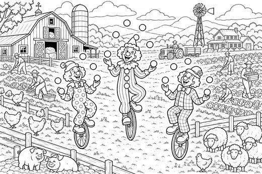Juggling Clowns on the Farmstead coloring page: black and white line drawing to print and color