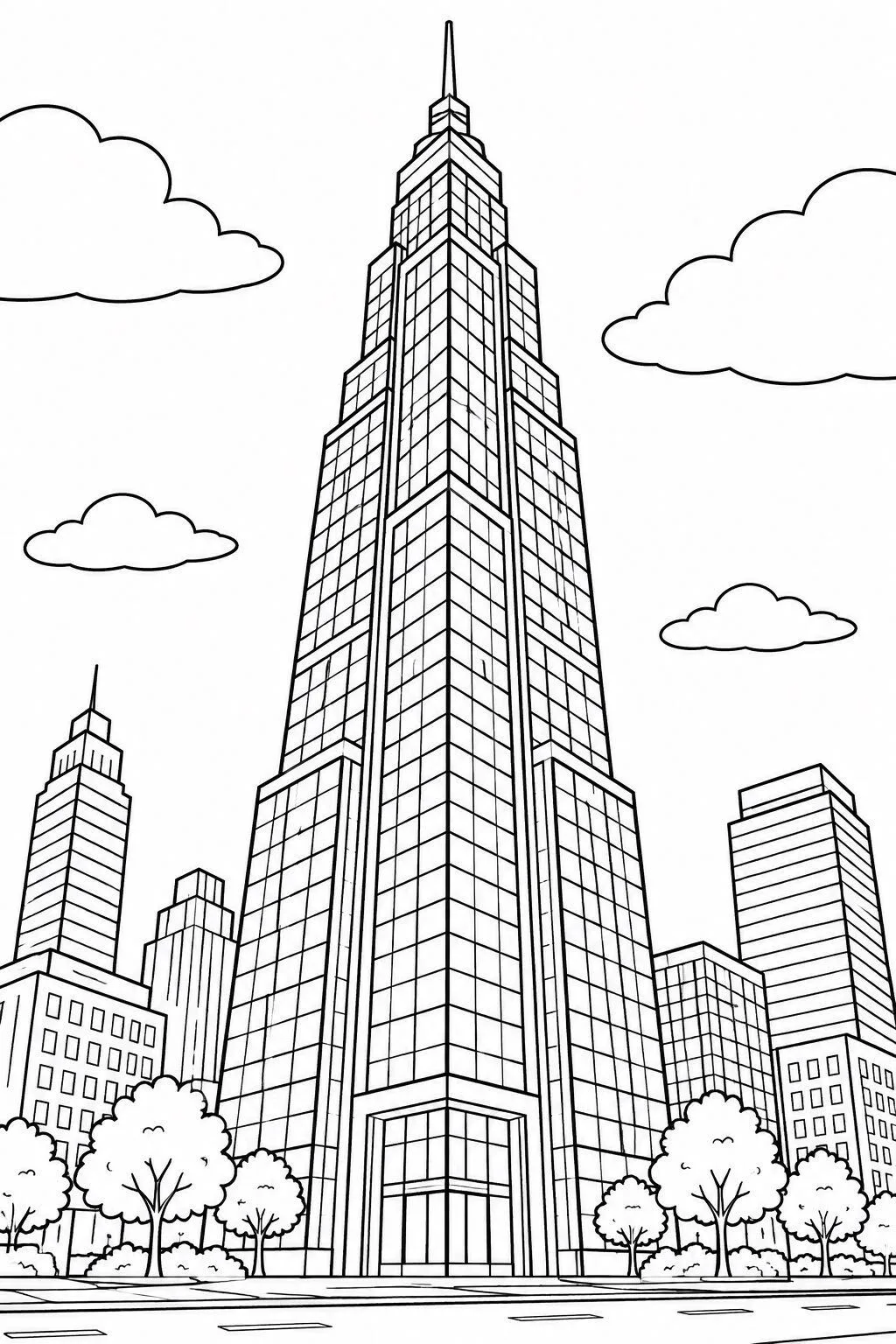 City Skyscraper coloring page: black and white line drawing to print and color