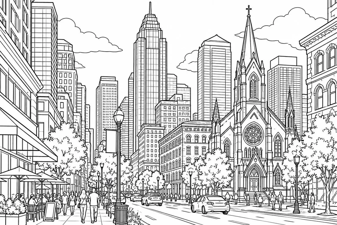 City Street with a Cathedral coloring page: black and white line drawing to print and color