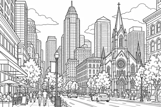 City Street with a Cathedral coloring page: black and white line drawing to print and color