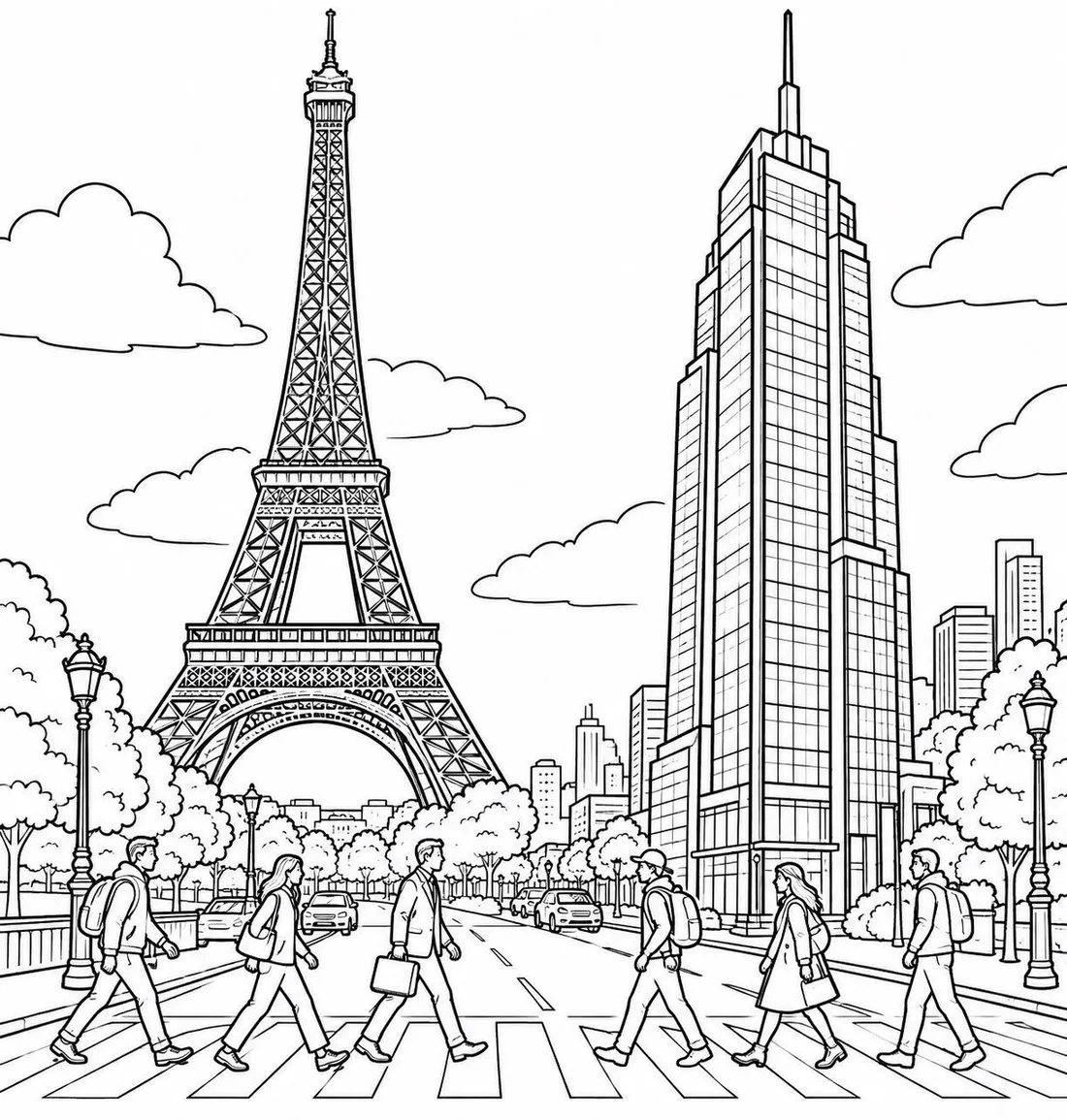 Eiffel Tower and Skyscraper Street coloring page: black and white line drawing to print and color