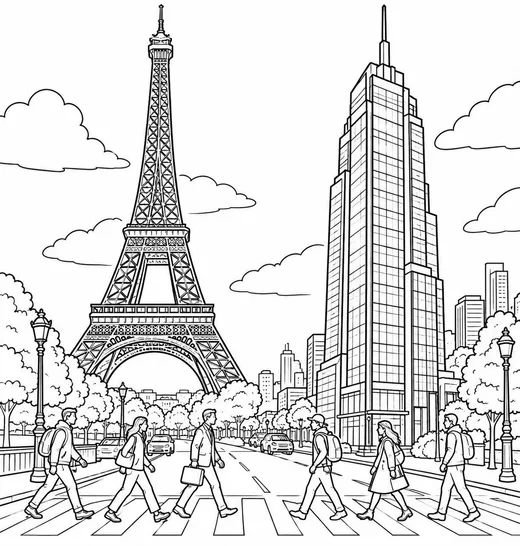 Eiffel Tower and Skyscraper Street coloring page: black and white line drawing to print and color