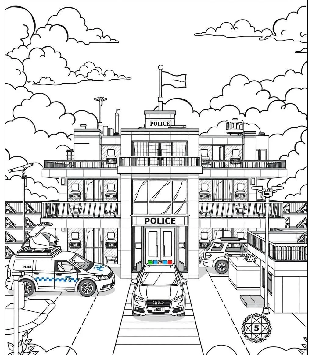 Police Station and Patrol Cars coloring page: black and white line drawing to print and color