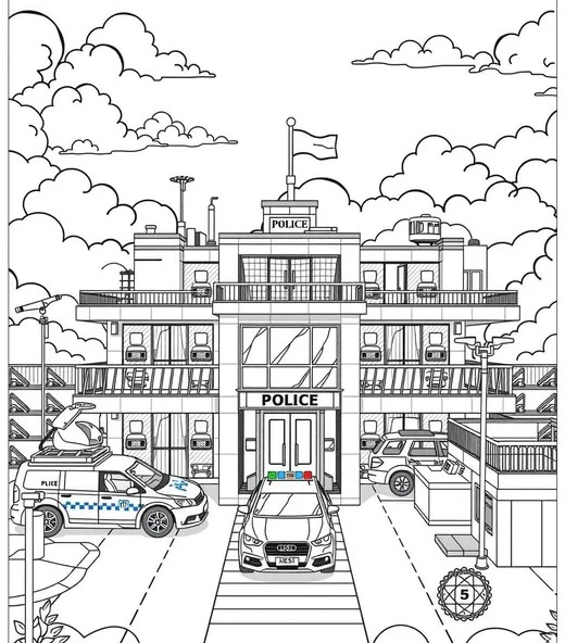 Police Station and Patrol Cars coloring page: black and white line drawing to print and color