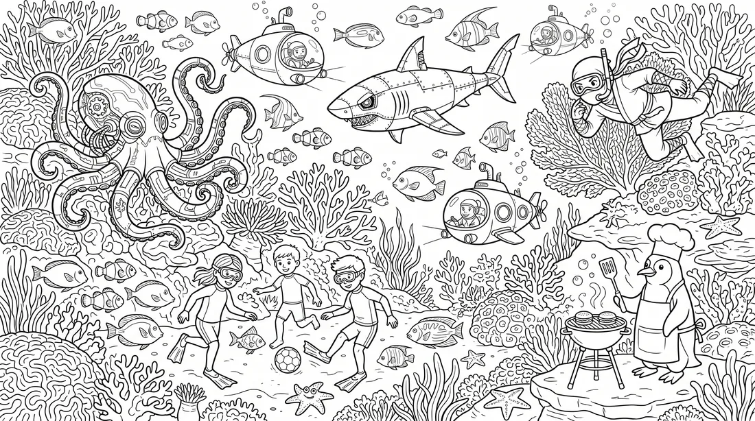 Busy Underwater Ocean Scene coloring page: black and white line drawing to print and color