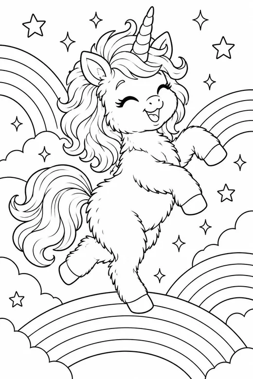Dancing Unicorn on a Rainbow coloring page: black and white line drawing to print and color
