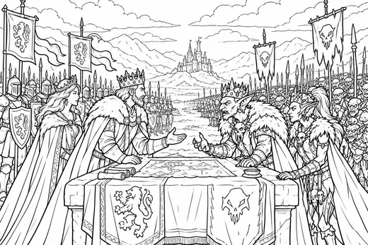 Kings Meeting at the Castle coloring page: black and white line drawing to print and color