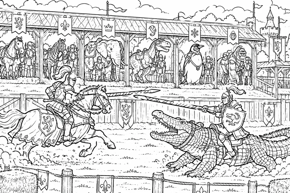 Monochrome Joust of Bizarre Beasts coloring page: black and white line drawing to print and color