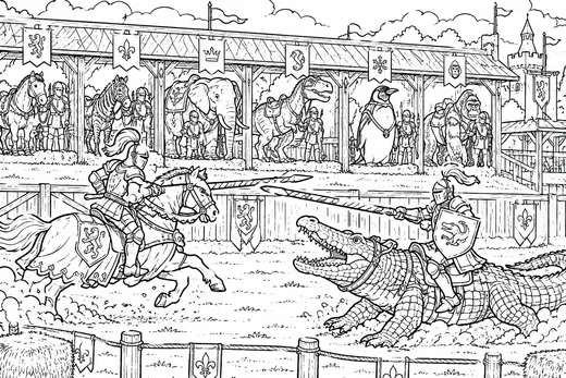 Monochrome Joust of Bizarre Beasts coloring page: black and white line drawing to print and color