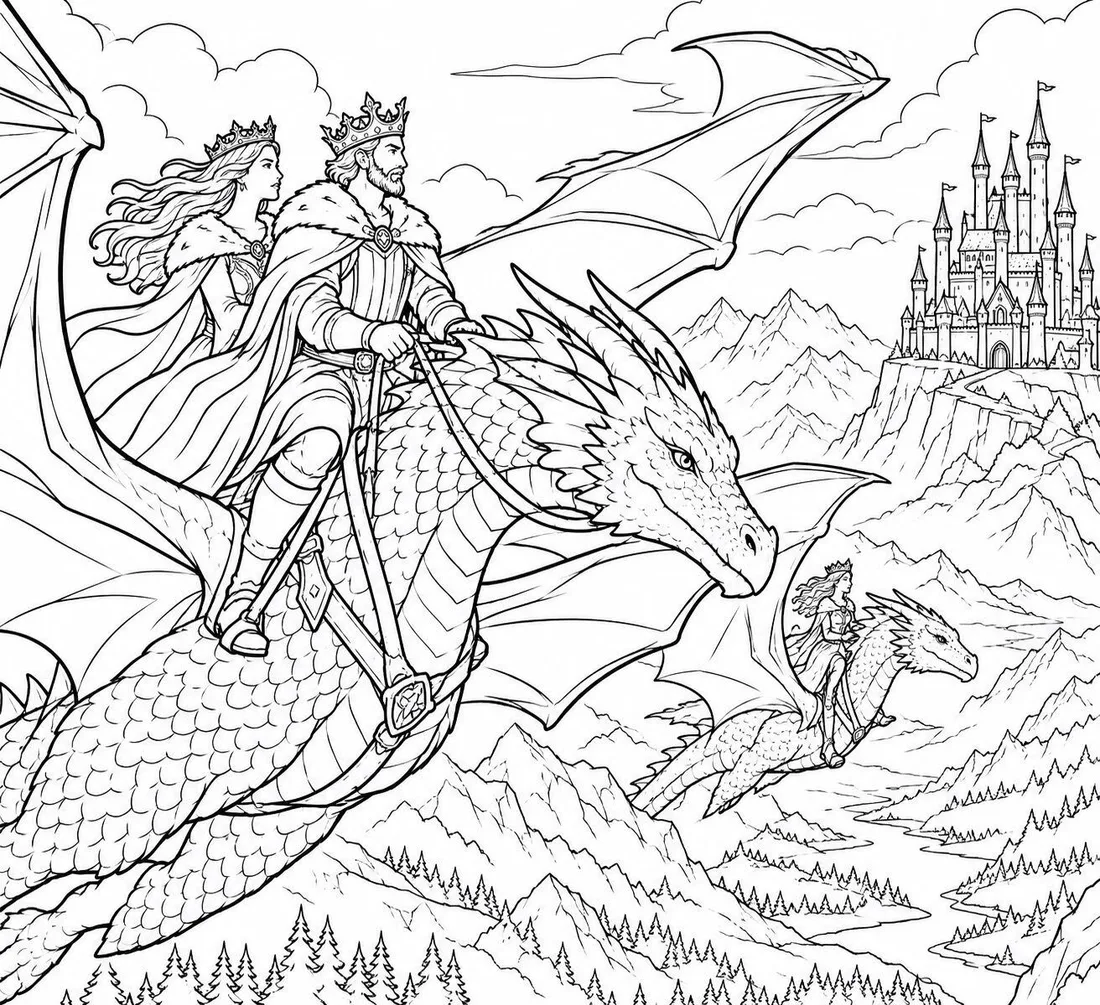 Princess Riding a Dragon coloring page: black and white line drawing to print and color