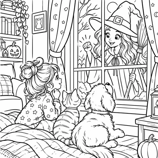 Girl and Puppy Waving at a Witch coloring page: black and white line drawing to print and color