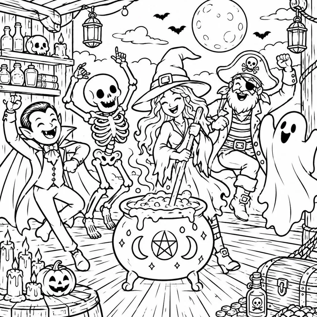Halloween Party Around the Cauldron coloring page: black and white line drawing to print and color