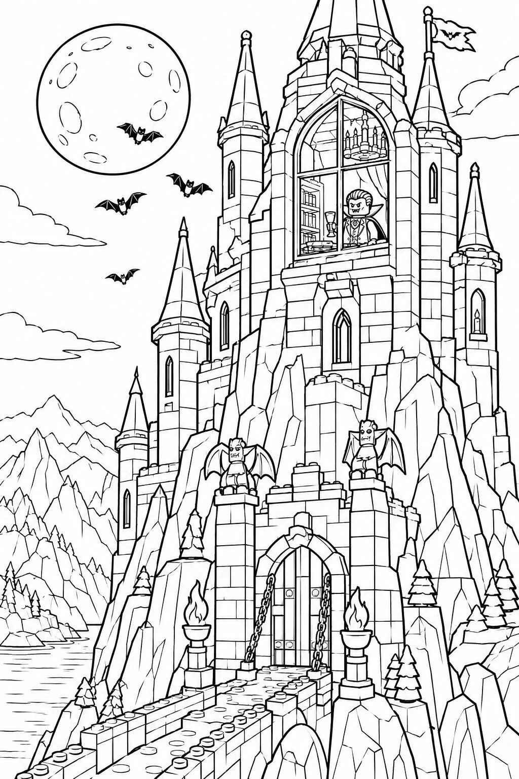 Haunted Castle on a Mountain coloring page: black and white line drawing to print and color