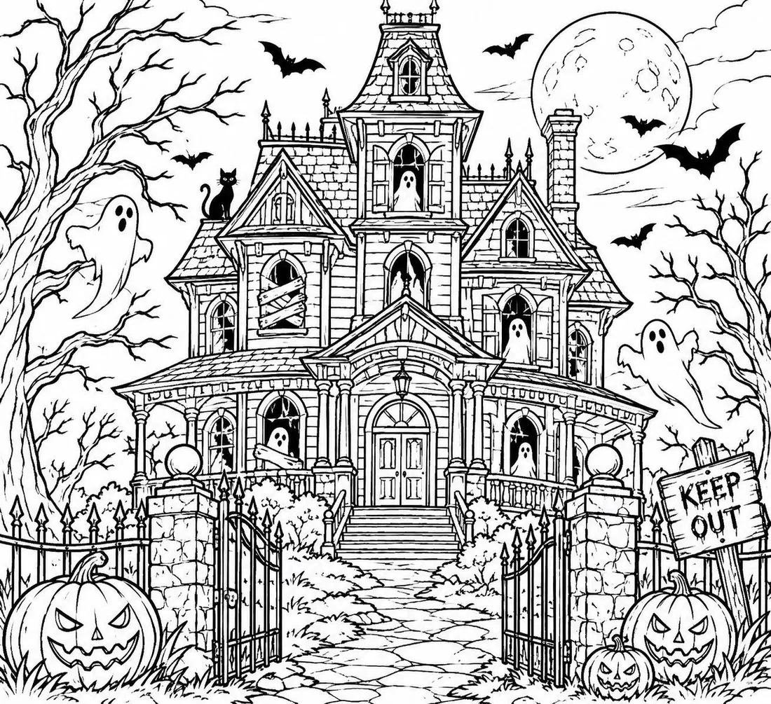 Keep Out Haunted House coloring page: black and white line drawing to print and color