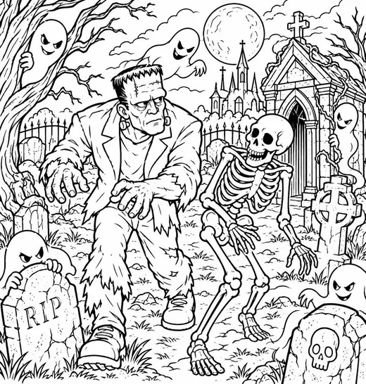 Monster and Skeleton in the Graveyard coloring page: black and white line drawing to print and color