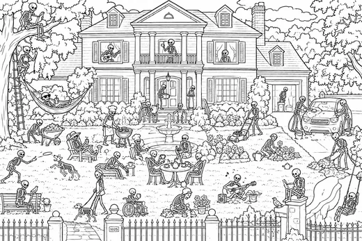 Skeleton Mansion Garden Party coloring page: black and white line drawing to print and color