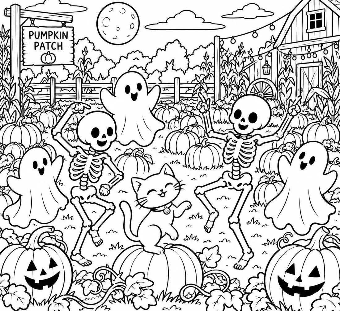 Skeletons and Ghosts at the Pumpkin Patch coloring page: black and white line drawing to print and color