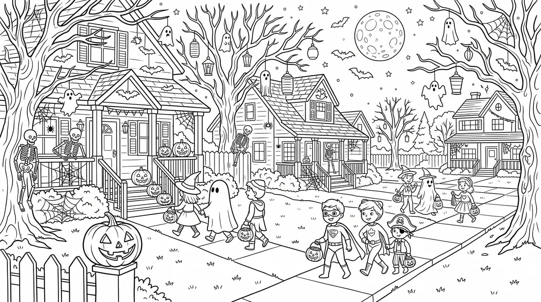 Trick or Treat Street coloring page: black and white line drawing to print and color