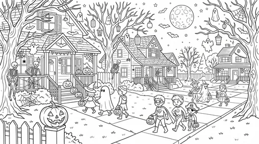 Trick or Treat Street coloring page: black and white line drawing to print and color