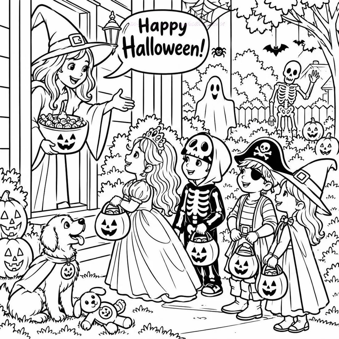 Trick or Treaters at the Door coloring page: black and white line drawing to print and color