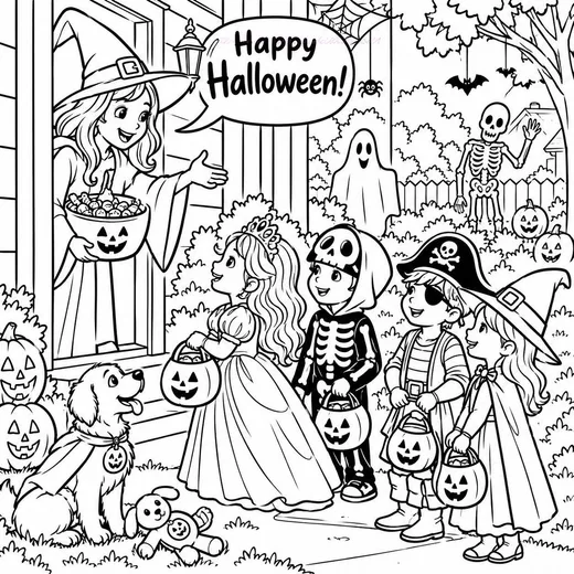 Trick or Treaters at the Door coloring page: black and white line drawing to print and color