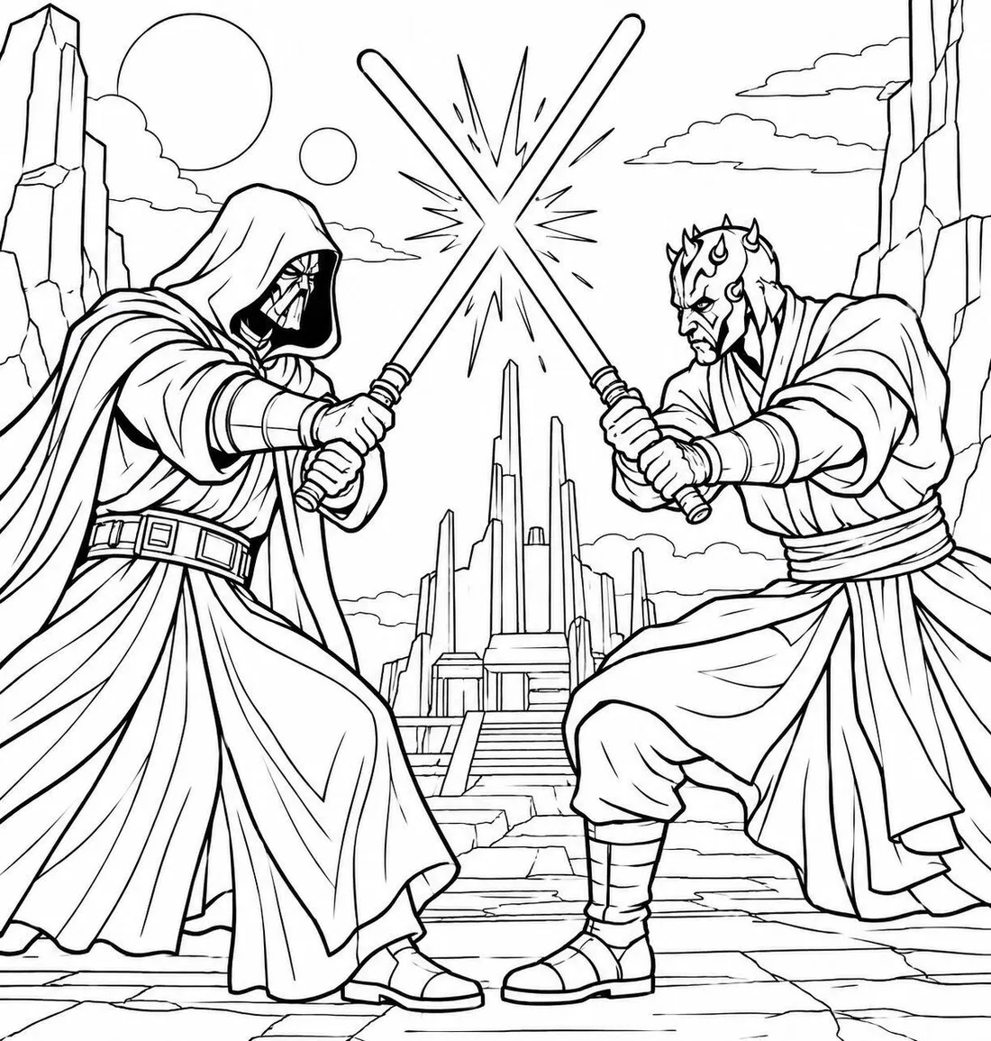 Laser Sword Duel coloring page: black and white line drawing to print and color
