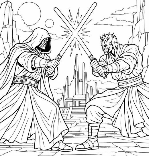 Laser Sword Duel coloring page: black and white line drawing to print and color