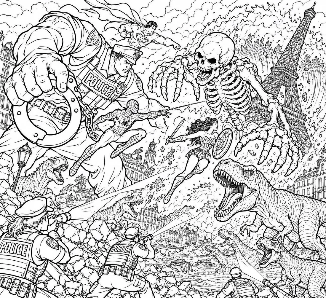 Monster Battle in Paris coloring page: black and white line drawing to print and color
