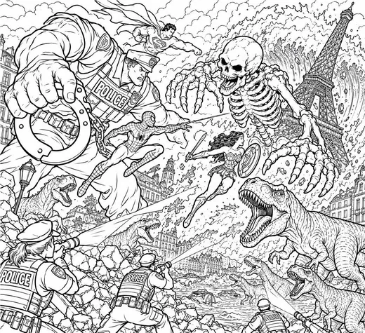 Monster Battle in Paris coloring page: black and white line drawing to print and color