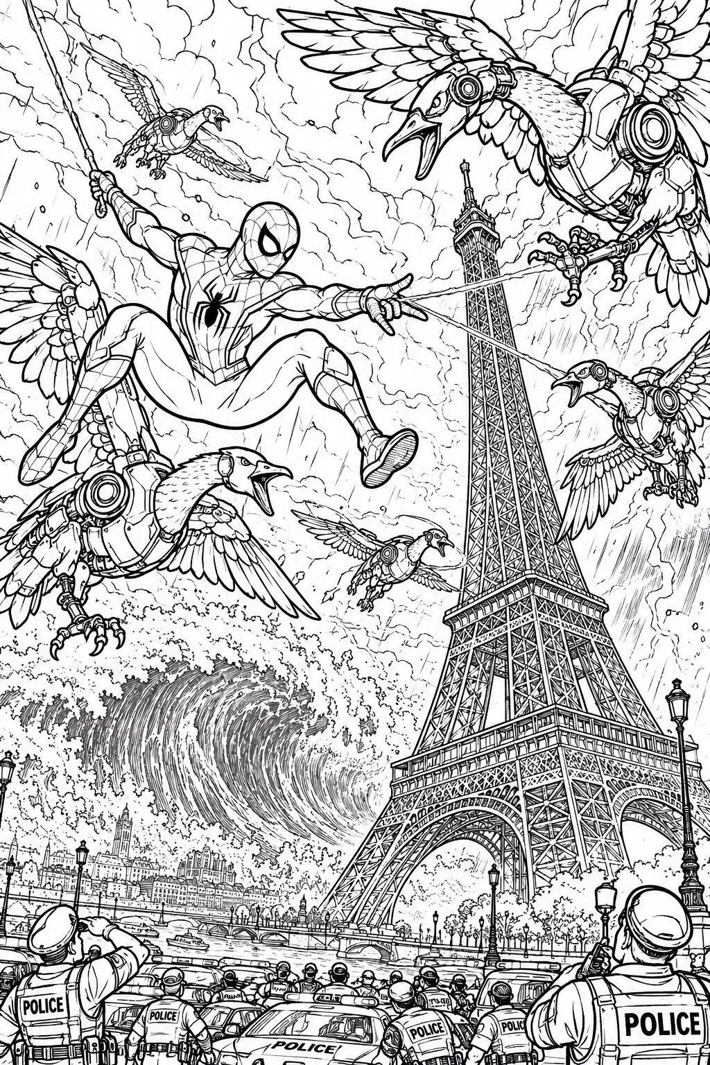 Spider Hero at the Eiffel Tower coloring page: black and white line drawing to print and color