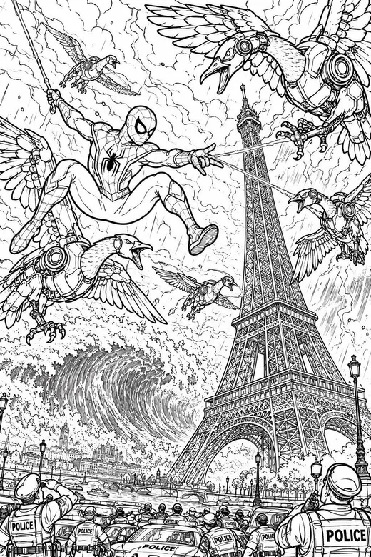 Spider Hero at the Eiffel Tower coloring page: black and white line drawing to print and color