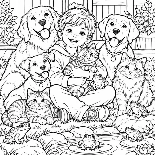 Boy with Puppies and Kittens coloring page: black and white line drawing to print and color