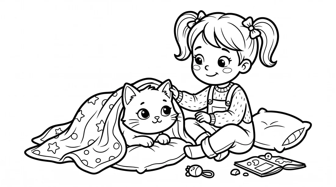 Girl and Kitten Under a Blanket coloring page: black and white line drawing to print and color
