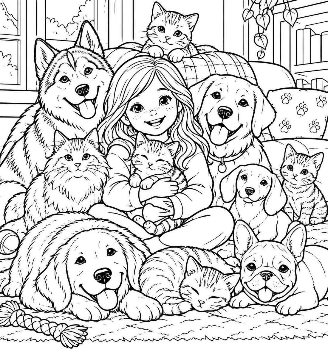 Girl with Puppies and Kittens coloring page: black and white line drawing to print and color