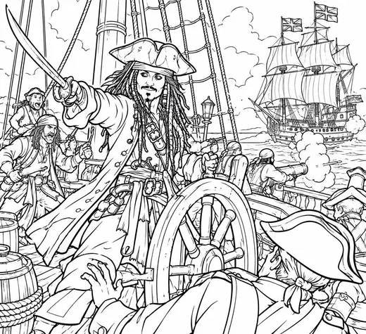 Pirate Captain at the Ship's Wheel coloring page: black and white line drawing to print and color