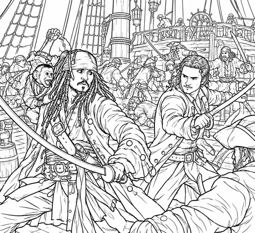 Pirate Sword Fight coloring page: black and white line drawing to print and color