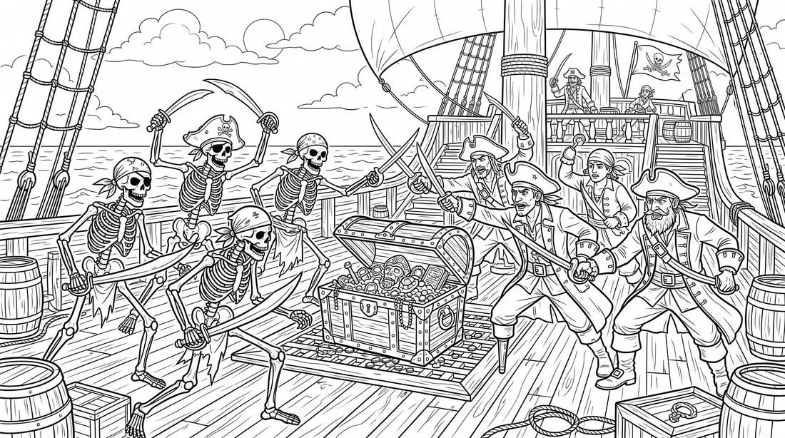 Skeleton Pirates' Treasure Ship coloring page: black and white line drawing to print and color