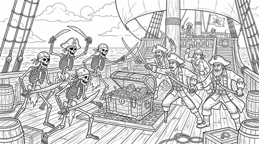 Skeleton Pirates' Treasure Ship coloring page: black and white line drawing to print and color