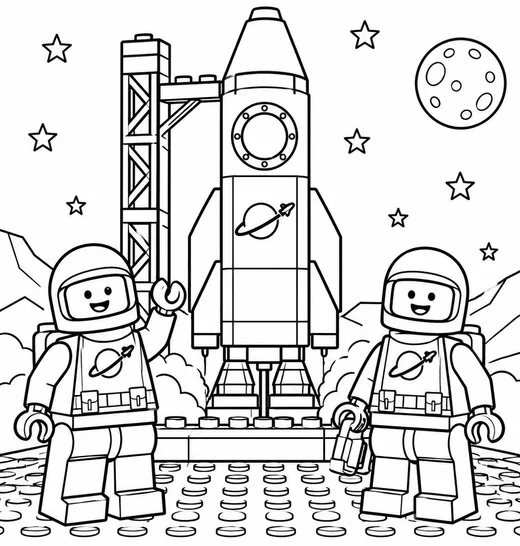 Brick Astronauts at the Rocket coloring page: black and white line drawing to print and color