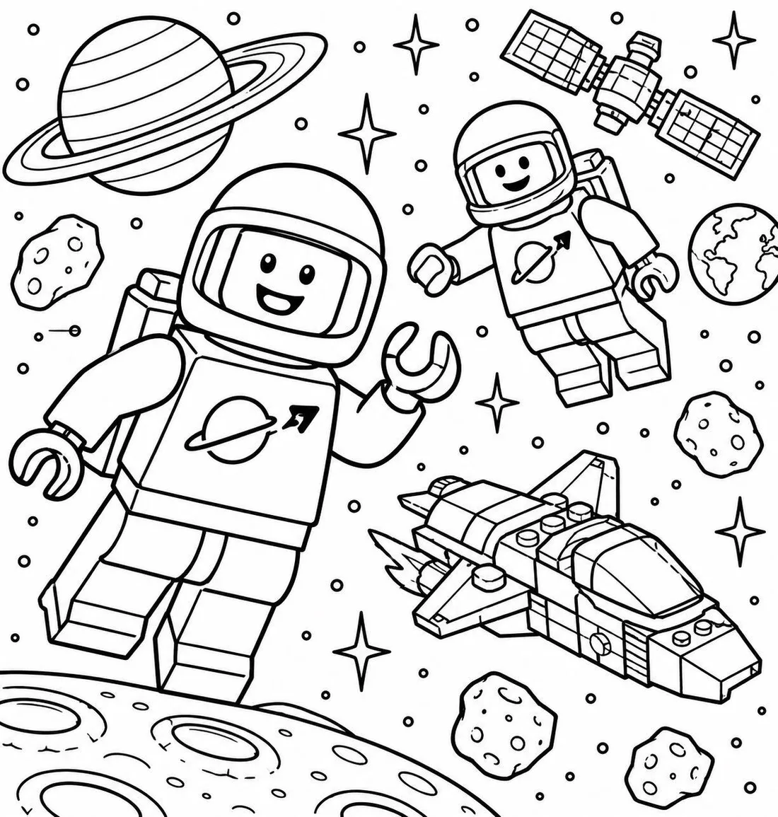 Brick Astronauts on the Moon coloring page: black and white line drawing to print and color