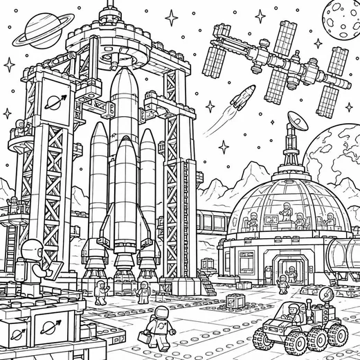 Brick Space Center Launch Pad coloring page: black and white line drawing to print and color