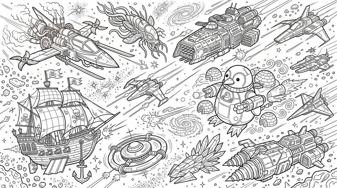 Spaceships and Rockets coloring page: black and white line drawing to print and color